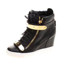 Pre Owned Giuseppe Zanotti Black Croc Embossed Leather Lorenz Wedge Sneakers Size 37