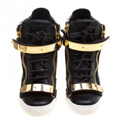 Pre Owned Giuseppe Zanotti Black Croc Embossed Leather Lorenz Wedge Sneakers Size 37