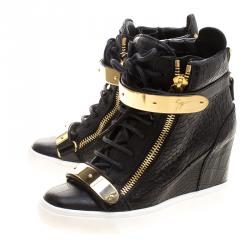 Pre Owned Giuseppe Zanotti Black Croc Embossed Leather Lorenz Wedge Sneakers Size 37