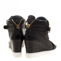 Pre Owned Giuseppe Zanotti Black Croc Embossed Leather Lorenz Wedge Sneakers Size 37