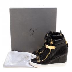 Pre Owned Giuseppe Zanotti Black Croc Embossed Leather Lorenz Wedge Sneakers Size 37