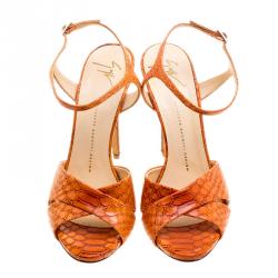 Pre Owned صندل جوسيبي زانوتي جلد نقشة الثعبان برتقالي بسيور متعاكسة مقاس 39