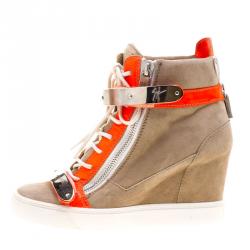 Pre Owned Giuseppe Zanotti Beige Suede and Fluorescent Orange Patent Leather Wedge Sneakers Size 40