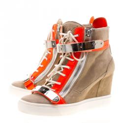 Pre Owned Giuseppe Zanotti Beige Suede and Fluorescent Orange Patent Leather Wedge Sneakers Size 40