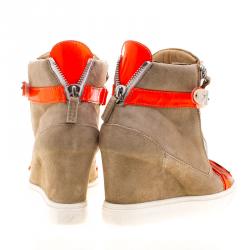 Pre Owned Giuseppe Zanotti Beige Suede and Fluorescent Orange Patent Leather Wedge Sneakers Size 40