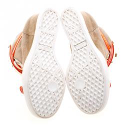 Pre Owned Giuseppe Zanotti Beige Suede and Fluorescent Orange Patent Leather Wedge Sneakers Size 40