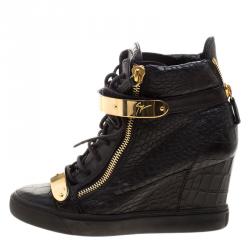 Pre Owned Giuseppe Zanotti Black Croc Embossed Leather Lorenz Wedge Sneakers Size 40