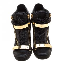 Pre Owned Giuseppe Zanotti Black Croc Embossed Leather Lorenz Wedge Sneakers Size 40