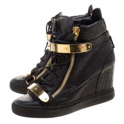 Pre Owned Giuseppe Zanotti Black Croc Embossed Leather Lorenz Wedge Sneakers Size 40