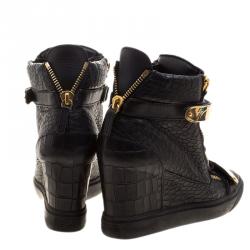 Pre Owned Giuseppe Zanotti Black Croc Embossed Leather Lorenz Wedge Sneakers Size 40