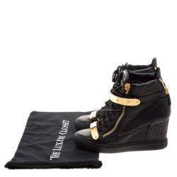 Pre Owned Giuseppe Zanotti Black Croc Embossed Leather Lorenz Wedge Sneakers Size 40