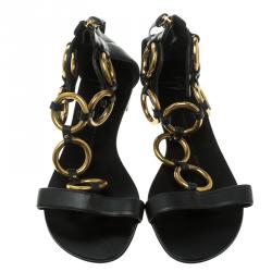 Pre Owned Giuseppe Zanotti Black Leather Gold Ring T Strap Flat Sandals Size 37