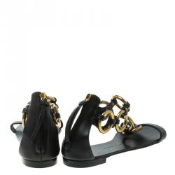 Pre Owned Giuseppe Zanotti Black Leather Gold Ring T Strap Flat Sandals Size 37