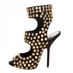 Pre Owned Giuseppe Zanotti Black Stud Embellished Suede Cut Out Peep Toe Sandals Size 37
