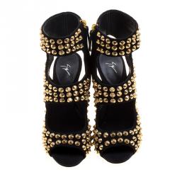 Pre Owned Giuseppe Zanotti Black Stud Embellished Suede Cut Out Peep Toe Sandals Size 37