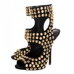 Pre Owned Giuseppe Zanotti Black Stud Embellished Suede Cut Out Peep Toe Sandals Size 37