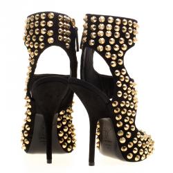 Pre Owned Giuseppe Zanotti Black Stud Embellished Suede Cut Out Peep Toe Sandals Size 37