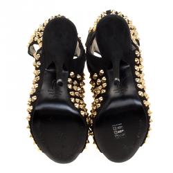 Pre Owned Giuseppe Zanotti Black Stud Embellished Suede Cut Out Peep Toe Sandals Size 37