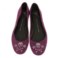 Pre Owned Giuseppe Zanotti Magenta Suede Crystal Skull Ballet Flats Size 39.5