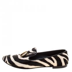 Pre Owned Giuseppe Zanotti Zebra Print Pony Hair Shark Tooth Embellished Smoking Slippers Size 41