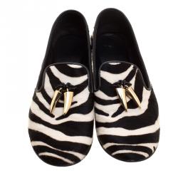 Pre Owned Giuseppe Zanotti Zebra Print Pony Hair Shark Tooth Embellished Smoking Slippers Size 41