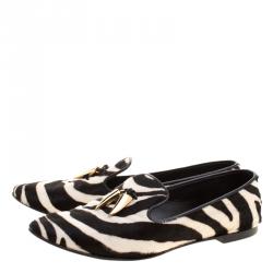 Pre Owned Giuseppe Zanotti Zebra Print Pony Hair Shark Tooth Embellished Smoking Slippers Size 41