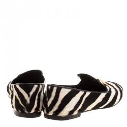 Pre Owned Giuseppe Zanotti Zebra Print Pony Hair Shark Tooth Embellished Smoking Slippers Size 41