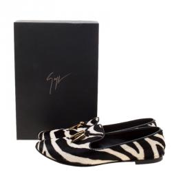 Pre Owned Giuseppe Zanotti Zebra Print Pony Hair Shark Tooth Embellished Smoking Slippers Size 41