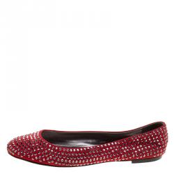 Pre Owned Giuseppe Zanotti Red Crystal Embellished Suede Ballet Flats Size 38.5