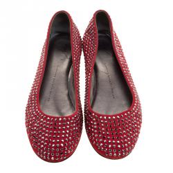 Pre Owned Giuseppe Zanotti Red Crystal Embellished Suede Ballet Flats Size 38.5