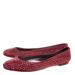 Pre Owned Giuseppe Zanotti Red Crystal Embellished Suede Ballet Flats Size 38.5