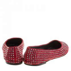 Pre Owned Giuseppe Zanotti Red Crystal Embellished Suede Ballet Flats Size 38.5