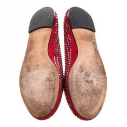 Pre Owned Giuseppe Zanotti Red Crystal Embellished Suede Ballet Flats Size 38.5