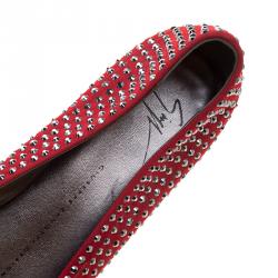 Pre Owned Giuseppe Zanotti Red Crystal Embellished Suede Ballet Flats Size 38.5