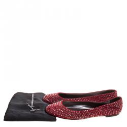 Pre Owned Giuseppe Zanotti Red Crystal Embellished Suede Ballet Flats Size 38.5