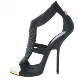 Pre Owned Giuseppe Zanotti Black Satin and Suede Crystal Sandals Size 39