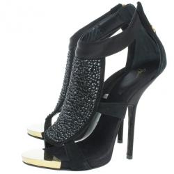 Pre Owned Giuseppe Zanotti Black Satin and Suede Crystal Sandals Size 39