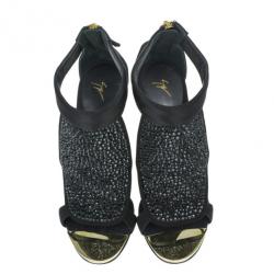 Pre Owned Giuseppe Zanotti Black Satin and Suede Crystal Sandals Size 39