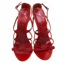 Pre Owned Giuseppe Zanotti Red Suede Crystal Embellished Strappy Sandals Size 41