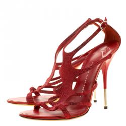 Pre Owned Giuseppe Zanotti Red Suede Crystal Embellished Strappy Sandals Size 41
