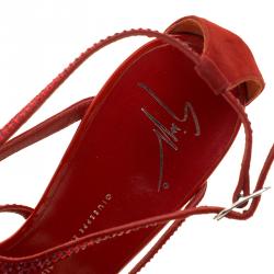 Pre Owned Giuseppe Zanotti Red Suede Crystal Embellished Strappy Sandals Size 41