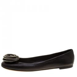 Pre Owned Giuseppe Zanotti Black Leather Rose Embellished Ballet Flats Size 41.5