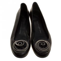 Pre Owned Giuseppe Zanotti Black Leather Rose Embellished Ballet Flats Size 41.5