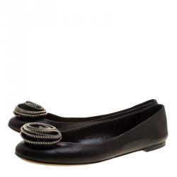 Pre Owned Giuseppe Zanotti Black Leather Rose Embellished Ballet Flats Size 41.5