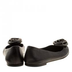 Pre Owned Giuseppe Zanotti Black Leather Rose Embellished Ballet Flats Size 41.5
