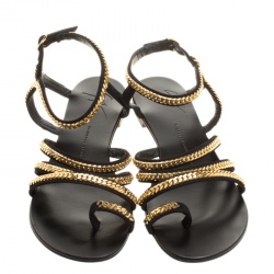مملوكة مسبقًا صندل فلات جوسيبي زانوتي سويدي أسود سلاسل ذهبية مزينة مقاس 38