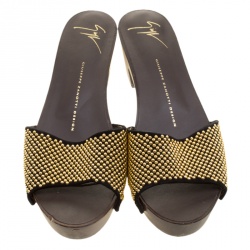 Pre Owned Giuseppe Zanotti Black Studded Suede Slip On Platform Clogs Size 38