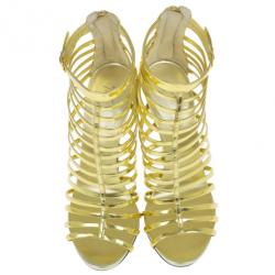 Pre Owned Giuseppe Zanotti Gold Mirrored Leather Caged Booties Size 40.5