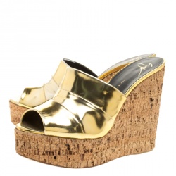 Pre Owned Giuseppe Zanotti Metallic Gold Leather Cork Wedge Slides Size 40