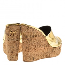 Pre Owned Giuseppe Zanotti Metallic Gold Leather Cork Wedge Slides Size 40